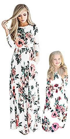 OMZIN Weißnachtskleid Mama und ich Outfits Langarm Blumen Weißnachtskleider Mutter Tochter Familie Passende Kleidung B-Blumen Weiß 8-9 Jahre