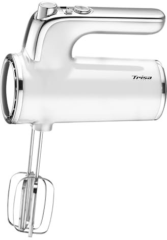 Trisa Handrührgerät - 6 Geschwindigkeiten mit Turbo, Langsamer Start, Chrom-Design, Edelstahl Rührbesen & Knethaken, 400W, Weiss