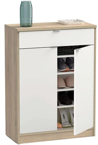 Muebles Pitarch | Eingangsschuhkipper mit Schublade und 4 verstellbaren Regalböden, Hochglanz Weiß und Eiche Cambrian, 20 Paar Schuhe, 101x75x36 cm, Modell Berlin