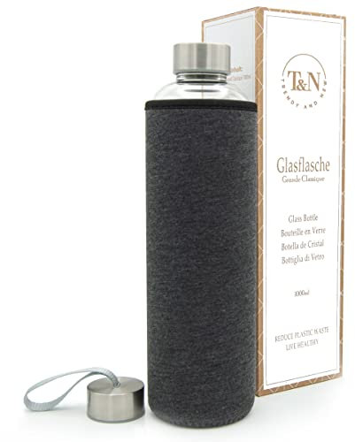 T&N Borraccia di vetro da 1 litro, con custodia in neoprene, bottiglia per acqua 1l a prova di perdite, bottiglia in vetro borosilicato spesso per anidride carbonica