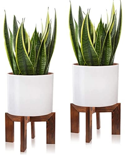 Gendral Forwepup 2 Pack Wood Plant Stand, Mid Century Modern Planter Stand Rattan Flower Pot Stand, Low Short Plant Stands Indoor - Boho Rustic Wooden Stool for Plant Pot Holder, Fit 5-15 Inch Pot