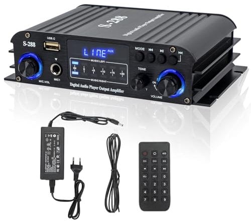 1200W Amplificatore Audio, Bluetooth 5.0 Amplificatore Max Auto 4.0 Canali, Amplificatore Stereo hifi 35W X 4 +Subwoofer attivo Uscita di picco con Lngresso USB/Scheda SD/ 110-240V a 12V
