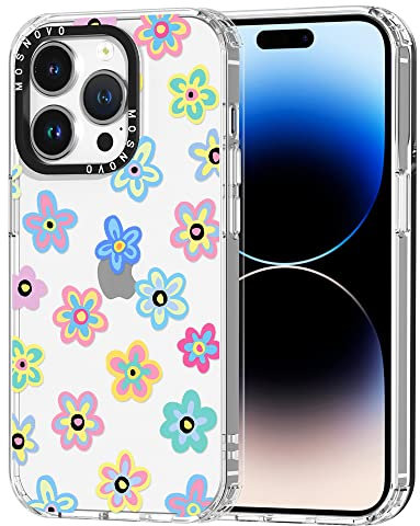 MOSNOVO Case for iPhone 14 Pro, [Buffertech 6.6ft Military-Grade Drop Protection] [Anti Peel Off Tech] Clear TPU Bumper Phone Case Cover Design - Groovy Flower