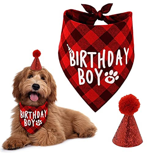 Hundegeburtstags-Bandana, Haustier-Geburtstagsparty-Zubehör, Baumwoll-Dreieck, Junge, Hundeschal mit süßem Hunde-Geburtstagshut für kleine, mittelgroße Hunde, Katzen, Kostüme, Kopfbedeckung (rot)