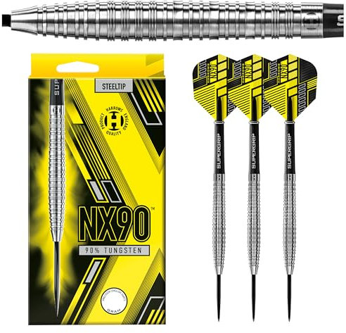 Harrows NX90 90% Tungsten Darts | Darts-Set mit Stahlspitze| 21g, 22g, 23g, 24g, 25g & 26g | Enthält Supergrip-Schäfte und 100-Mikron-NX90-Flüge (Tapered 25g)