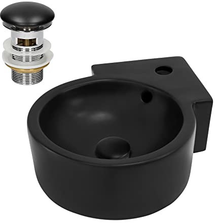 ML-Design Lavabo d'angle en Céramique Noir, 45 x 36 x 13 cm, Rond, avec Bouchon de Vidage Trop-Plein et Trou pour Robinet, Montage Mural ou à Poser, Vasque Lave-Mains Évier sur Plan de Toilette