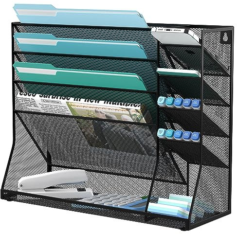 JMHUD Wall File Organizer, 5-Tier Wall Organizer for Office with 4 Pen Slots, Vertical Hanging File Folder Holder with R-shaped Bottom Tray, Mesh Mail Holder Desk Organization for Workspace, Black