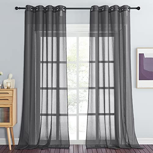 PONY DANCE Graue Gardinen Transparent Wohnzimmer Vorhang Leinenoptik mit Ösen Gardienen 2-Set H 245 x B 140 cm Vorhänge Ösenvorhang Durchlässig, Dunkelgrau