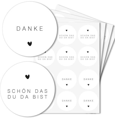 48er Set Hochzeitsaufkleber 24x Danke / 24x Schön, dass du da bist - Schlichtes Herz-Motiv - 4cm Durchmesser - Hochzeits-Dekoration Gast-Geschenk Mitgebsel Elegant Schlicht Schwarz-Weiß- dv1218