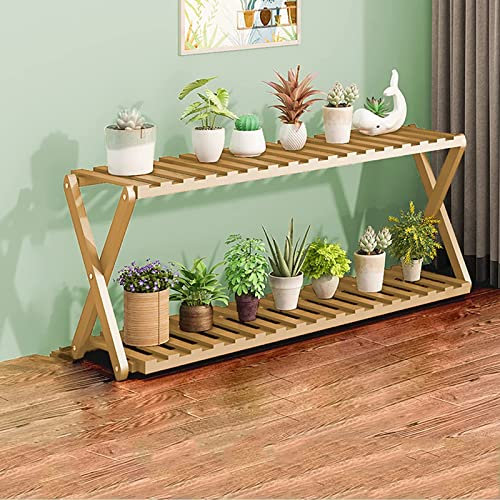 Yesbon Bambus Pflanzenständer, 2 Ebenen Blumenregal Blumenständer Pflanzentreppe Blumenbank Dekorativer Pflanzenständer für Blumentöpfe für des Balkons (X-Kreuz-Design),Wood Colour,47 * 25 * 70 cm