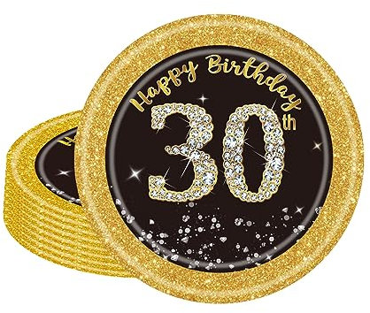 POPOYU 16 platos de papel negro y dorado, decoración de mesa para 30 cumpleaños, 17,78 cm, platos de papel de para hombre, mujer, cumpleaños, fiestas, accesorios para fiestas con temática negro