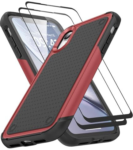 Jeylly for iPhone XR Case with 2 x Tempered Glass Screen Protector, [Military Grade Drop Protection] Non-Slip Heavy Duty Shockproof Protective Phone Case for iPhone XR 6.1'', Red