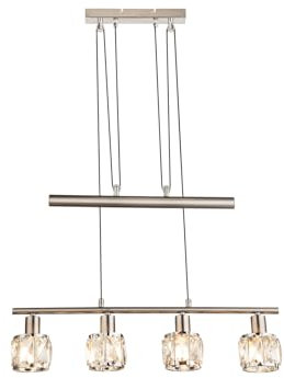Höhenverstellbare Balkenpendelleuchte mit vier Kristall Glasschirmen, Silber matt Breite 60cm