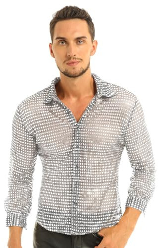 Miutii Mens Sparkly Sequins Button Down 70s Disco Dance Shirt Party Clubwear Long Sleeve Mesh T-Shirt Tops Silver M