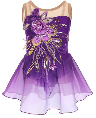 Odizli Vestito da danza senza maniche con paillettes floreali per bambini, Lilla, 9-10 Anni