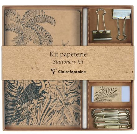 Clairefontaine 116046C - Un Kit de Papeterie contenant un Carnet 11x17 cm 64 Pages Lignées, un Crayon de Papier, 2 Pinces doubles-clip, 10 Trombones et une Gomme - Collection Le Cerisier Blanc