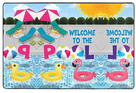 BHCASE Bedruckte Flanell-Fußmatte mit Flamingo- und Schwimmbad-Motiv, 183 x 122 cm: feiner Samt, rutschfest, langlebig, absorbiert Wasser