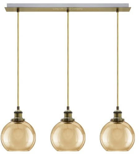 Long Life Lamp Company 3 Lights Pendant Light Cluster Mini Glass Globe Shades Smoked Amber, Antique Brass Ceiling Light Fitting H3133