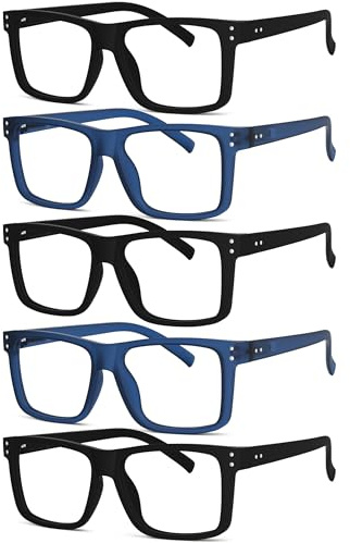 Eyekepper 5-Pack Oversized Lesebrillen mit großem quadratischem Rahmen für Damen und Herren - 3x Schwarz + 2x Blau +2,00