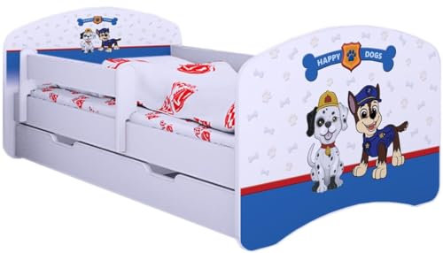 BDW Kinderbett Super Hunde - Babybett mit Matratze und Schublade - Bequem und Langlebig Rausfallschutz Bett - Kinderzimmer - Weiß (140x70)