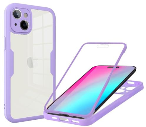 Skyhewen for iPhone 13 Case Built-in Screen Protector, 360°Full Body Military Grade Drop Protection Transparent Silicone Rugged Bumper Cover Clear Phone Case for iPhone 13, Purple