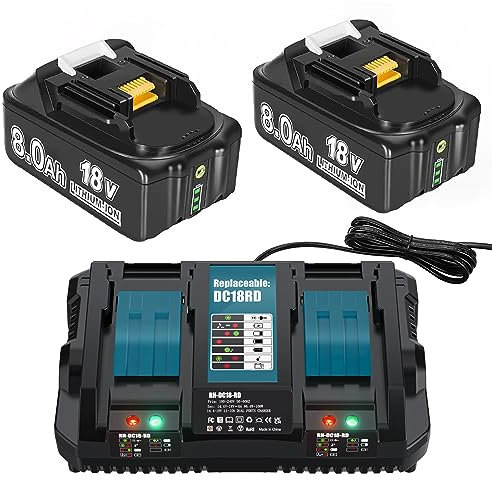 2X 8.0Ah/8000mAh Ersatzakku für BL1860B Akku 18V + Dual Port 6A Ladegerät für DC18RD Kompatibel für BL1860B BL1860 BL1850B BL1850 BL1840B BL1830 with LED Werkzeugakku