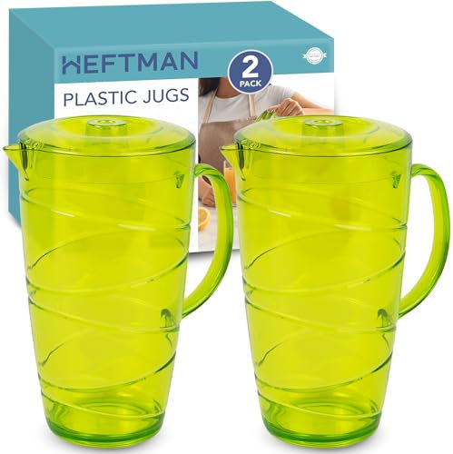 HEFTMAN Jarras de plástico verde de 2 litros – Paquete de 2 jarras de plástico con tapa y boquilla ventilada, ideal como jarra de agua para barbacoas, cócteles, fiestas, camping y uso diario en