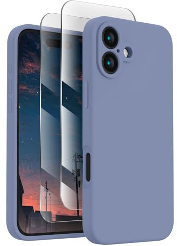 FireNova Silikon-Schutzhülle Entworfen für iPhone 16, verbesserter Kameraschutz, Handyhülle mit 2 Displayschutzfolien, weiches kratzfestes Mikrofaserfutter innen, 15,5 cm, Lavendelgrau