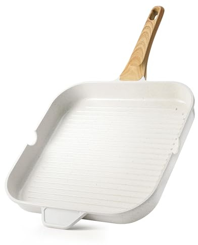 SENSARTE Padella antiaderente in ceramica per griglie su fornelli, Padella griglia quadrata con beccuccio, Padella griglia resistente non tossica per tutti i fornelli (gas, elettrico, a induzione