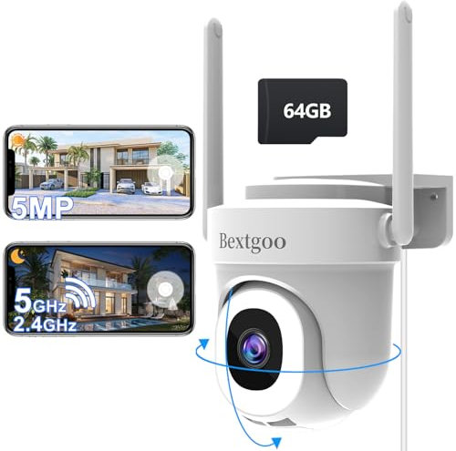 Bextgoo 3K 5MP Überwachungskamera Aussen WLAN mit Kostenlose 64G Karte, 24/7 Kamera Überwachung Aussen WLAN 2.4/5GHz, 360° Schwenkbar, Automatischer Verfolgung, AI Bewegungserkennung, Farb-Nachtsicht