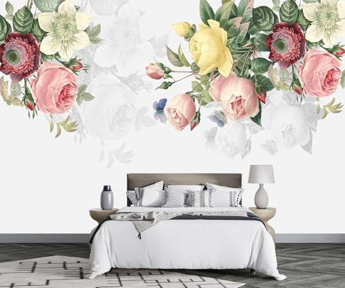 MIWEI Wallpaper Papier Peint Panoramique Fleurs Rose Feuilles Papier Peint Nature Intissé Murale Chambre Salon -F028-250cmX175cm