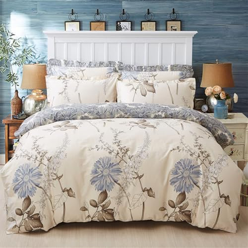 Freyamy Housse de Couette Floral 200x200+2 Taie d'oreiller 65x65cm Beige Coloré Fleurie Imprimé Parure de lit 2 Personnes Adulte Fleurs Sets de Housse Couette en 100% Microfibre avec Fermeture Éclair