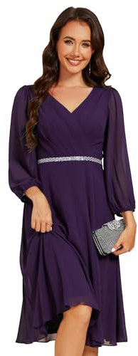 Ever-Pretty Abito da Cerimonia Eleganti Abito da Sera Midi Vestito a Maniche Lunghe Viola Scuro 44