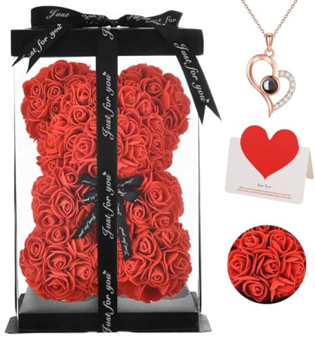 Rosen-Teddybär Geschenk, 25 cm Künstliche Blume Rose Teddybär mit Geschenkbox, für Jahrestag, Valentinstag, Hochzeit, Geburtstag, Romantisches Geschenk für Sie (Rot)
