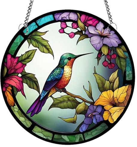 Jinyuanchao Kolibri-Buntglas-Markise, Buntglas-Blumen, 20 cm, handbemalte Markise, Garten, Buntglasscheibe, Dekoration, Geschenk für Mutter, Oma, Lehrer, Vogelliebhaber