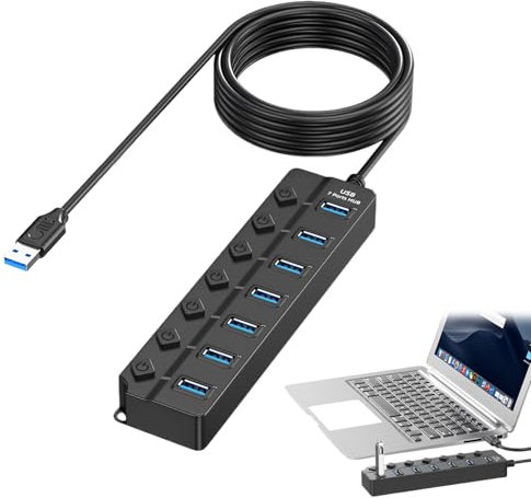 7-Port USB 3.0 Hub with Individual Switches & Lights,Portable 7 Port USB Splitter with 1FT Extended Cable,Multiple Port USB Adapter Extension High-Speed Data Hub for PC, Laptop, Printer and More