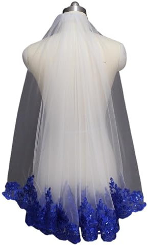 CAMELLIG Schleier Braut Blauer, paillettenbesetzter Brautschleier aus weißer und elfenbeinfarbener Spitze, einlagiger, kurzer, glänzender Hochzeitsschleier mit Kamm(75cm)