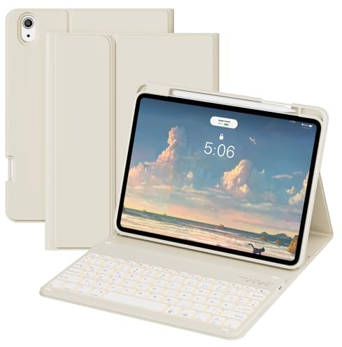 zoyu Hülle mit Tastatur für iPad A16 11/10 Generation (11/10.9 Zoll) | - 7 Farben Beleuchtete Magnetische Abnehmbare Keyboard Schutzhülle für iPad 11/10 Gen (2025/2022), QWERTZ Layout,Weiß