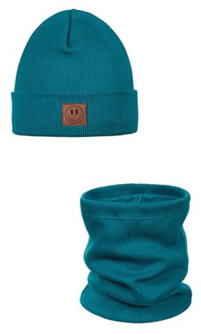Ander Beanie Kinder und Loop Schal Set SMILE – Beanie & Schlauchschal aus Baumwolle – Frühling Herbst – Unisex Jungen Mädchen – Weich und Stylisch 52-56 SEA COLOR
