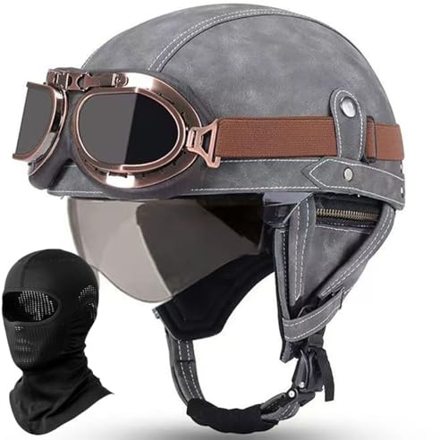 Deutscher Leder-Motorrad Halbhelm Vintage Halbmasken-Helm Erwachsene Männer Frauen Leichter Retro-Helm mit Offenem Gesicht für Moped Fahrrad Cruiser Scooter Chopper, ECE-geprüft