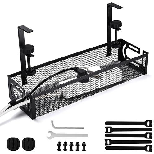Under Desk Cable Tray, Clamp-On Metal Power Cord Holder, No-Drill Easy Install for Home Office (L-Black)