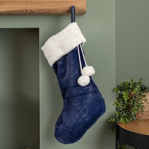 Samuel ALEXANDER 55cm Blue Soft Plush Hanging Christmas Stocking with Faux Fur Trim and Pom Poms