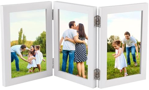 Dekorinex Klappbarer Dreifacher Fotorahmen, Dreier Bilderrahmen 10x15cm | Weiß Faltbare Bilderrahmen Vertikal auf dem Desktop, Bilderrahmen Collage Holz 3 Bilder, für Geburtstage, Familie, Hochzeiten