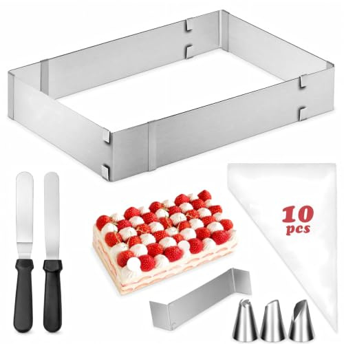 ZUPAPJO Cadre Patisserie Rectangulaire Extensible, Cadre Patisserie en Acier Inoxydable, Moule Rectangulaire Patisserie avec 2 Spatule & Douille Patisserie pour Petits et Grands Gâteaux et Tartes