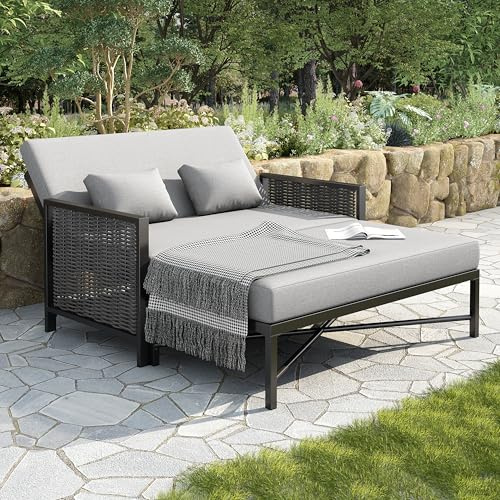 YSMerax Gartenmöbel für 2 Personen, Gartensofa, Freizeitsofa, Outdoor-Liegebett, verstellbare Rückenlehne (5-stufig, 0-65°), versenkbare Fußstütze (Grau)