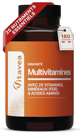 Multivitamines & Minéraux - 25 Nutriments + 4 Acides Aminés | Énergie, Fatigue & Immunité - Vitamines A B C D E, Zinc, Fer - 180 comprimés - Cure 6 Mois - Fabriqué en France - Vitavea