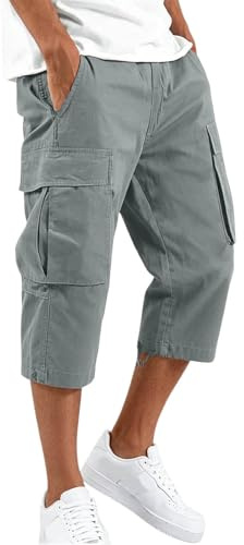 Mens 3/4 Length Cargo Shorts: Men's Capri Pant Hiking Three Quarter Length Trousers Work Stretch Joggers for Men Walking Combat Trouser with Pockets