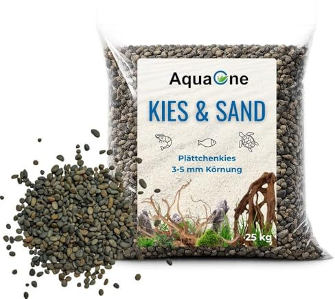 AquaOne Aquarium Kies Plättchenkies Naturmix, Aquarienkies als Aquarium Bodengrund, 25 kg, Körnung 3-5 mm, Abgerundeter Naturstein in Grau/Beige/Anthrazit, tierschonend, für Aquascaping & Terrarium