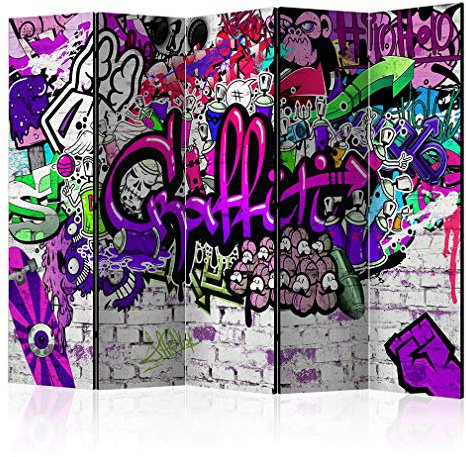 decomonkey Paravent Raumteiler Innen Graffiti 225x172 cm 5 Teilig Beidseitig Room Divider Wall Raumteiler Stehend Trennwand Sichtschutz Spanische Wand Sichtschutzwand Wohnzimmer Holz Ziegel