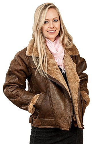 Damen Braun B3 WW2 Ingwer Schaffell Lederjacke S
